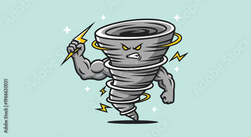 Powerful Tornado Cartoon Character with Lightning Bolt.