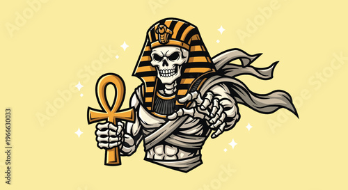 Mummy Skeleton with Ankh Symbol Illustration.