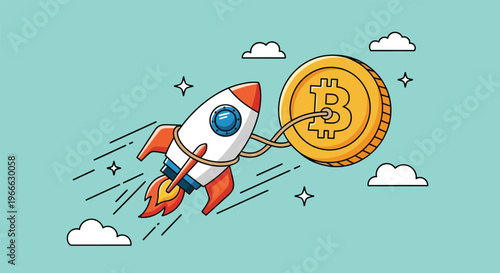 Rocket boosting Bitcoin cryptocurrency to the moon.