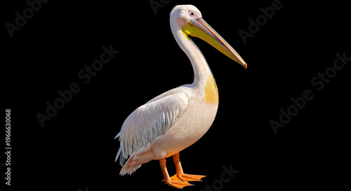 Large white pelican bird standing alone on black background waterbird water fowl animal wildlife nature ornithology birdwatching feathered beak long