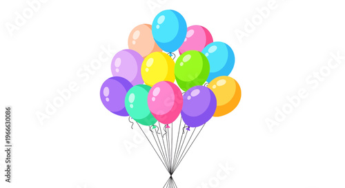 Colorful balloons gathered together on strings against a white background multicolored tied festive party celebration bunch cluster ribbons shiny reflective