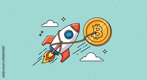Rocket Launching Bitcoin Cryptocurrency to Success.
