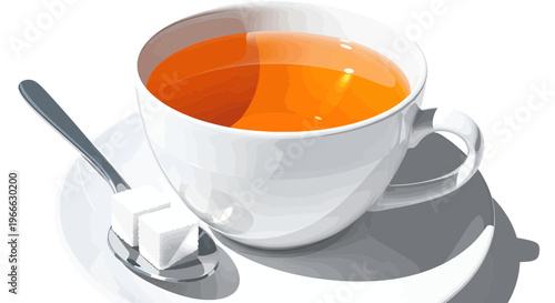 A white cup of tea on a saucer with sugar cubes and spoon orange beverage hot drink caffeine breakfast morning