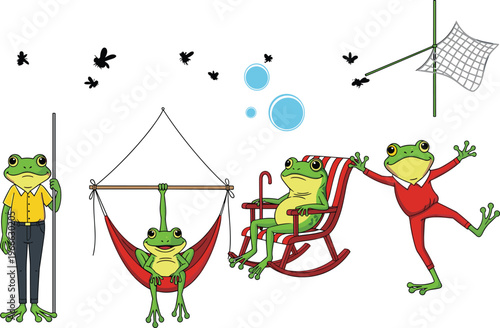 Playful illustration of anthropomorphic frogs engaging in leisure activities including hammock, rocking chair, dancing, and fly-catching scene