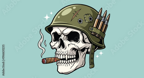 Skull Wearing Military Helmet Smoking Cigar Vector Illustration.