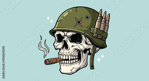Skull Wearing Military Helmet Smoking Cigar Illustration.