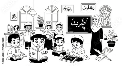 Children studying in a classroom with a teacher and books.