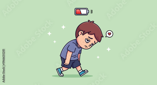 Tired boy with low battery icon above his head feeling exhausted and sleepy.