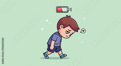 Tired boy with low battery icon above head.