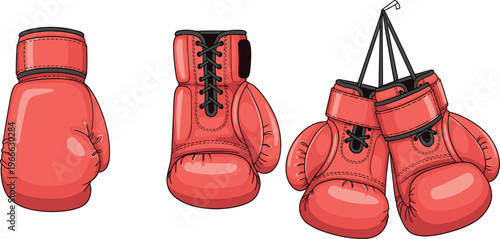 Red boxing gloves collection featuring smooth style, lace‑up design, and paired gloves with straps for training, sparring, and competition