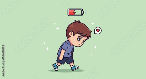 Tired boy walking with low battery icon above his head.