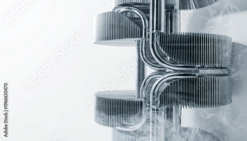 Close up of a complex metal cooling system with wisps of vapor