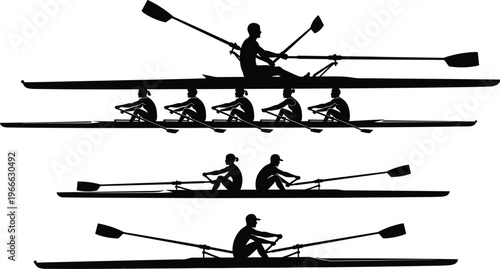 Set of rowing team silhouettes showing single scull, double scull, eight rowers with coxswain, and competitive crew configurations