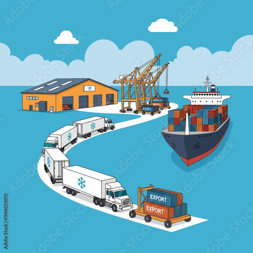 Illustration depicting a complex logistics and supply chain operation involving refrigerated trucks, a cargo ship, cranes, and a warehouse.