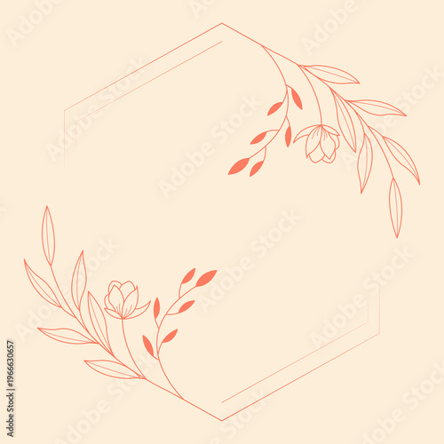 Floral polygon hand drawn style. Floral red frame of twigs, leaves and flowers. Frames for Valentine’s Day, wedding decor, logo and identity template.