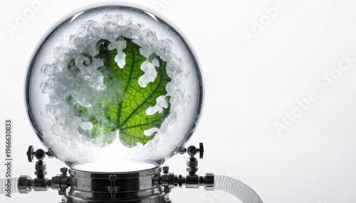 Green leaf in glass sphere with vapor and scientific equipment