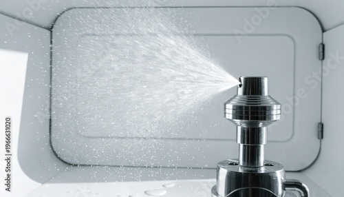 Metallic spray nozzle atomizing fine liquid mist in a sterile chamber