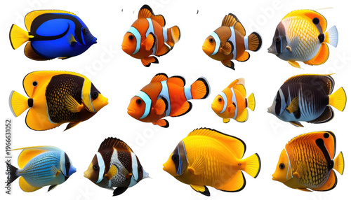 Assorted vibrant tropical aquarium fish species in various colors png isolated on a transparent background