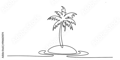 Minimalist continuous line drawing of a single palm tree on a small tropical island
