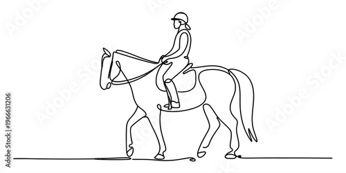 Minimalist continuous line art illustration of an equestrian rider on a walking horse