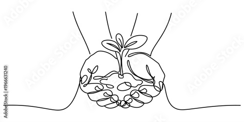 Fotografija Continuous line drawing of cupped hands holding a small plant sprout in soil for