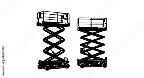 Two scissor lifts depicted in a stark black silhouette