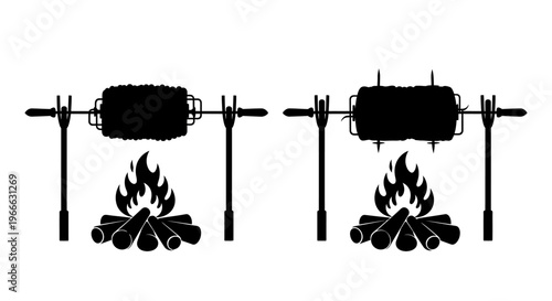 Two rotisserie setups over flames a striking black silhouette