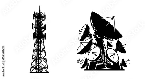Communication towers and satellite dishes depicted in a striking silhouette