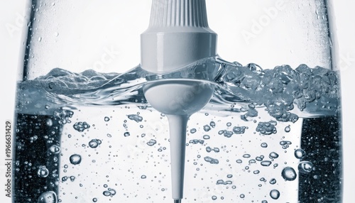 Modern water filter device submerged in clear water producing dynamic bubbles and ripples