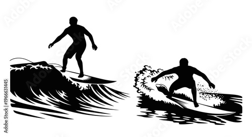 Surfers riding ocean waves in a striking black graphic silhouette