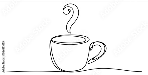 Continuous single line drawing of a steaming cup of hot coffee or tea on a plain background.
