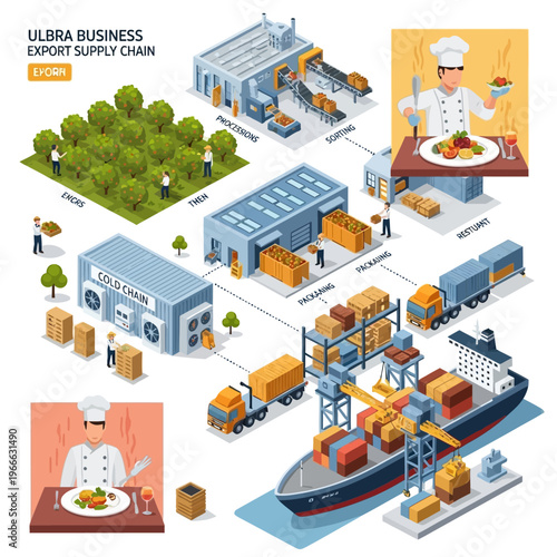 Isometric illustration of an export supply chain for a business, showing the journey of produce from farm to table, including processing, packaging, and transportation.