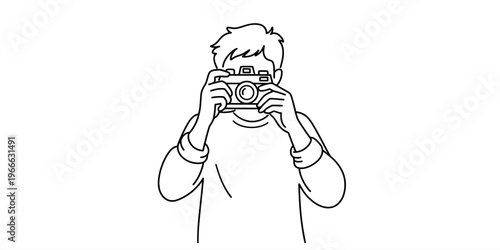 A minimalist line art illustration of a male photographer taking a picture with a camera