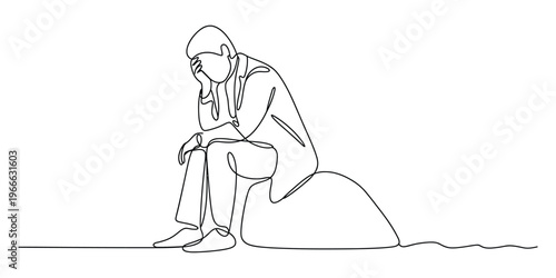 A continuous line drawing of a person sitting alone feeling deep sadness and mental exhaustion
