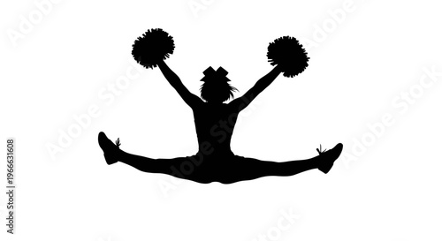 Cheerleader performing a split jump with pom poms striking black silhouette