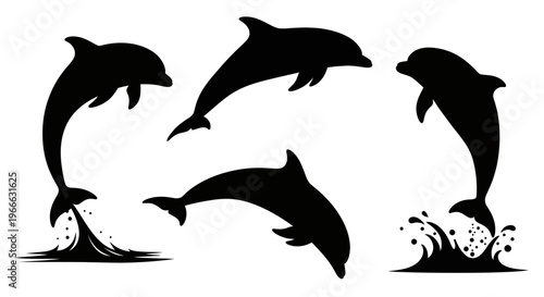 Four leaping dolphins in a dynamic pose a striking black silhouette