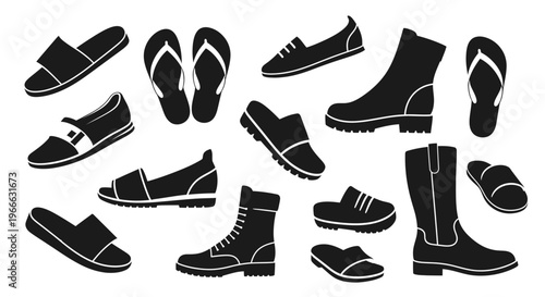 Various footwear options are displayed in a striking black silhouette