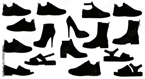 An assortment of footwear displayed as black shapes a silhouette