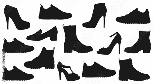 Collection of diverse footwear styles presented as a black silhouette