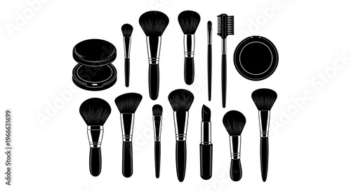 Black makeup brushes compacts and tools arranged on a white background silhouette