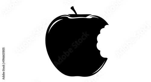 A bitten apple illustration presented as a striking black silhouette