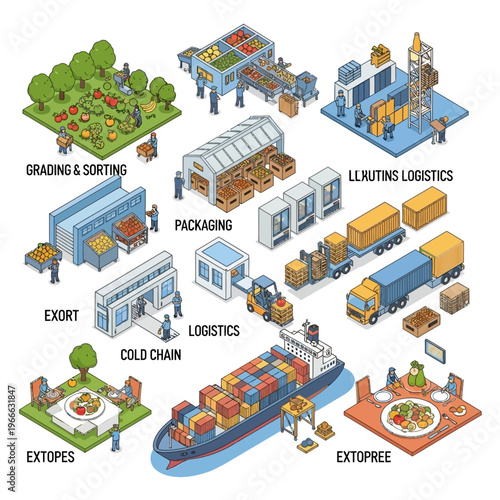Isometric illustration depicting the entire agricultural supply chain, from farm to table, including harvesting, processing, packaging, logistics, and distribution.