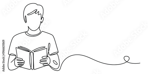 A continuous line drawing of a young person holding an open book and reading with deep focus now