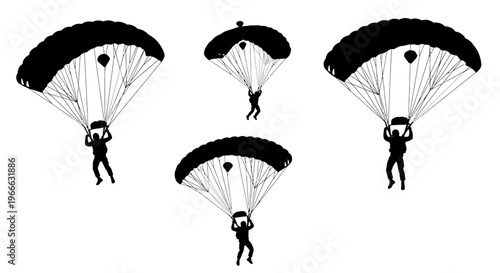 Four skydivers descending with open parachutes in a black silhouette