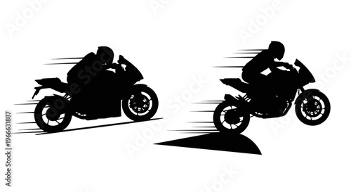 Two speeding motorcycles depicted in a dynamic black silhouette