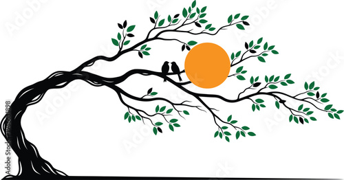 Stylized Twisted Bonsai Tree with Birds and Orange Sun Background