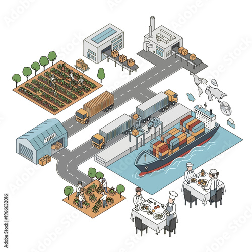 A comprehensive illustration depicting the entire food supply chain, from agricultural cultivation and processing to global distribution and final consumption.