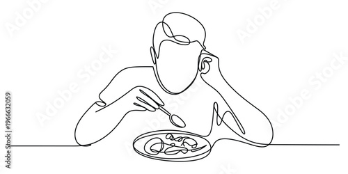 A continuous line drawing of a young person sitting at a table and eating a meal with a small spoon