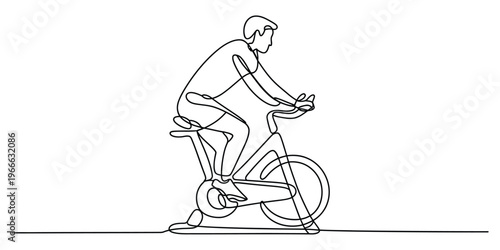 Continuous single line drawing of a man exercising on a stationary indoor cycling exercise bike
