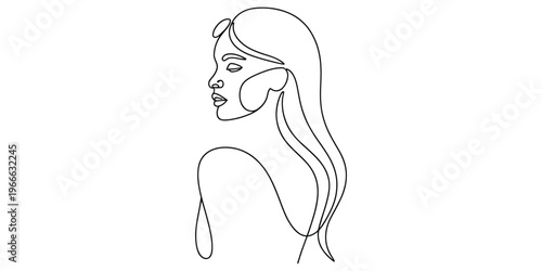 Minimalist continuous line drawing of a woman looking over her shoulder with flowing long hair style